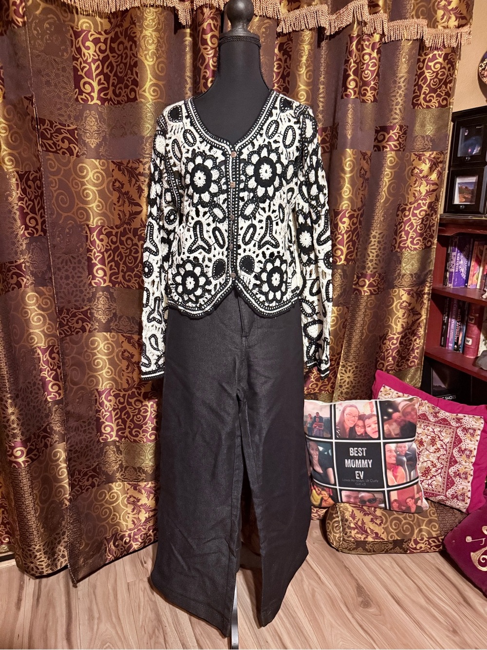 Black and White Beaded Floral Cardigan